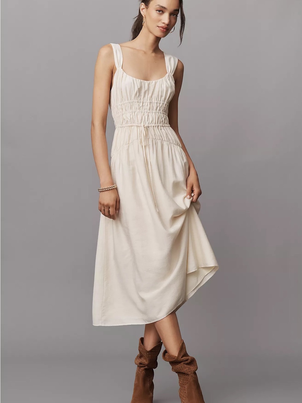 PAIGE Arpeggio Linen Blend Smocked Midi Dress 6